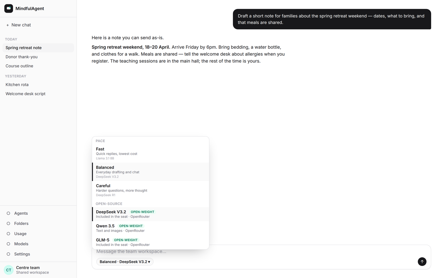 MindfulAgent chat workspace with the team's shared agents in the sidebar and a model picker showing open-source options